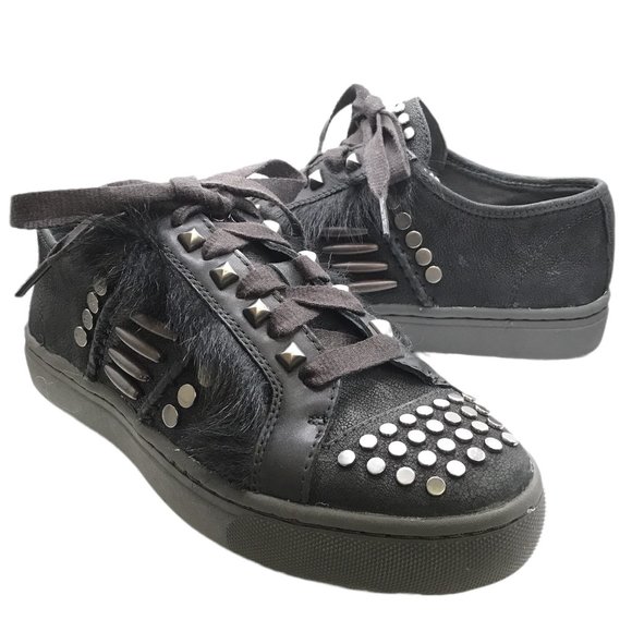 UGG BLACK STUDDED FUR LACE-UP Biker Chic LEATHER PLATFORM SHOES! SIZE 7! - Picture 3 of 14